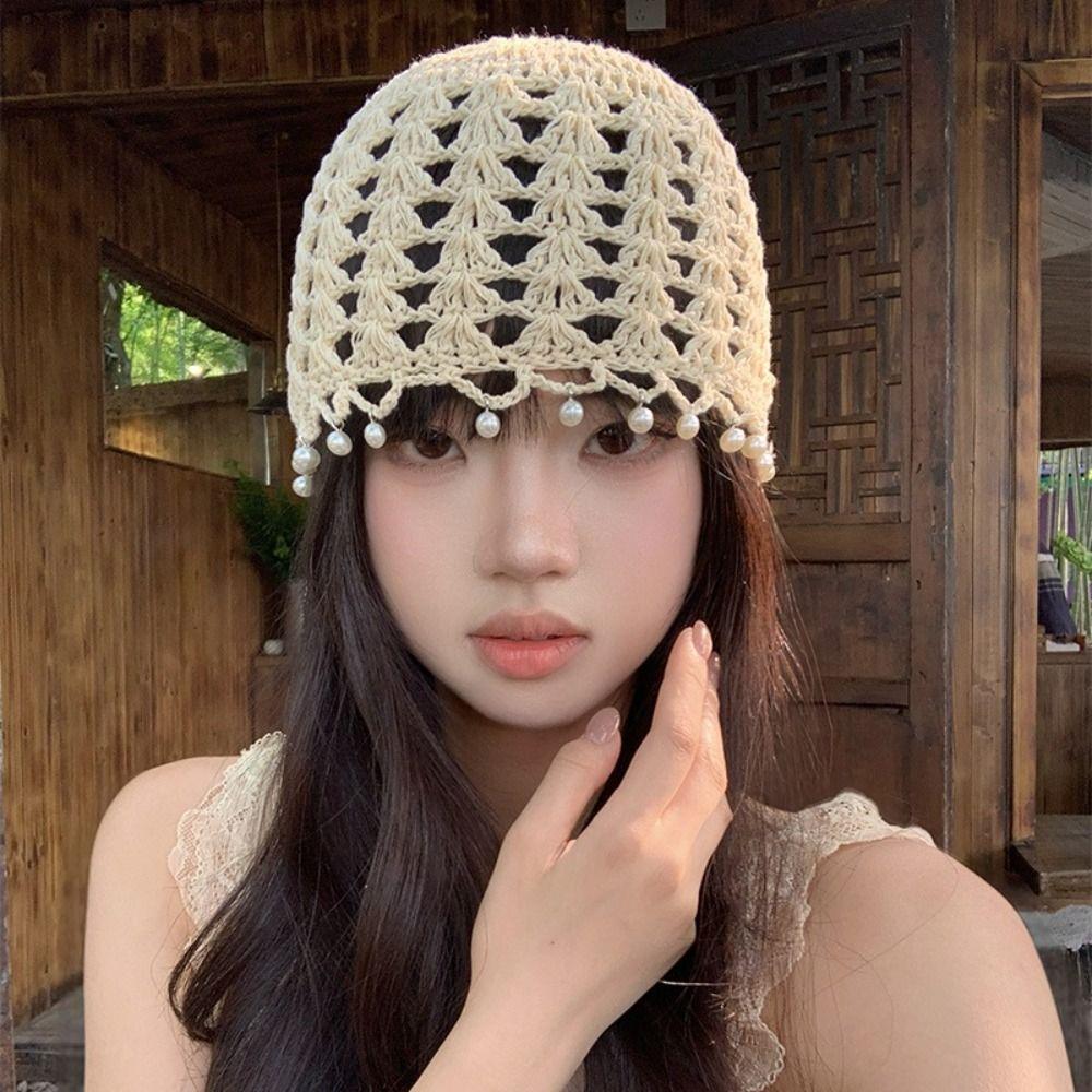 Sweet Crochet Hollow Knitted Hat Beads Tassels Weave Cap Casual Ethnic Style Hat  Outdoor