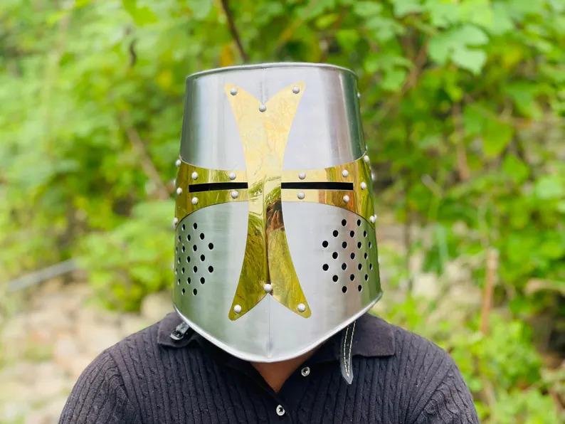 Templar Crusader Knight Helmet~ Medieval Great Helm, Larp And Cosplay Helmet ,Handmade Steel & Brass Cross Helmet , Collectible Gift