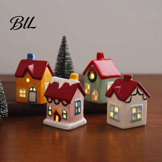 Ceramic Holiday Ornaments Christmas House Figurine, Glowing Window & Chimneys Decor, Miniature Decor for Tabletop Ornament Shelf Mantel, Fairy