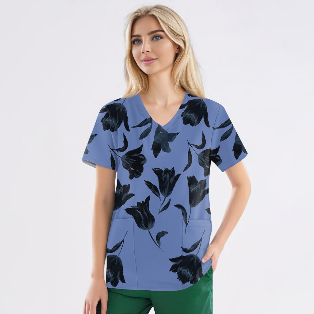 Рабочая форма больших размеров с принтом, топы для женщин, забавные футболки с v-образным вырезом и короткими рукавами, рабочая одежда, футболка с карманами