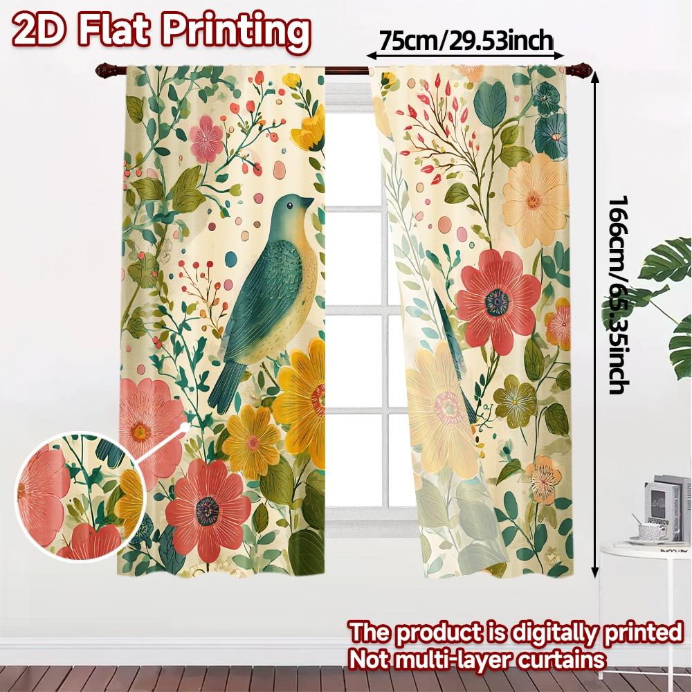 2D Flat Printing,JIT 2pcs, Curtains (Without Rod) Floral Harmony Chic Fashionable Curtains Versatile 100% Polyester Curtains