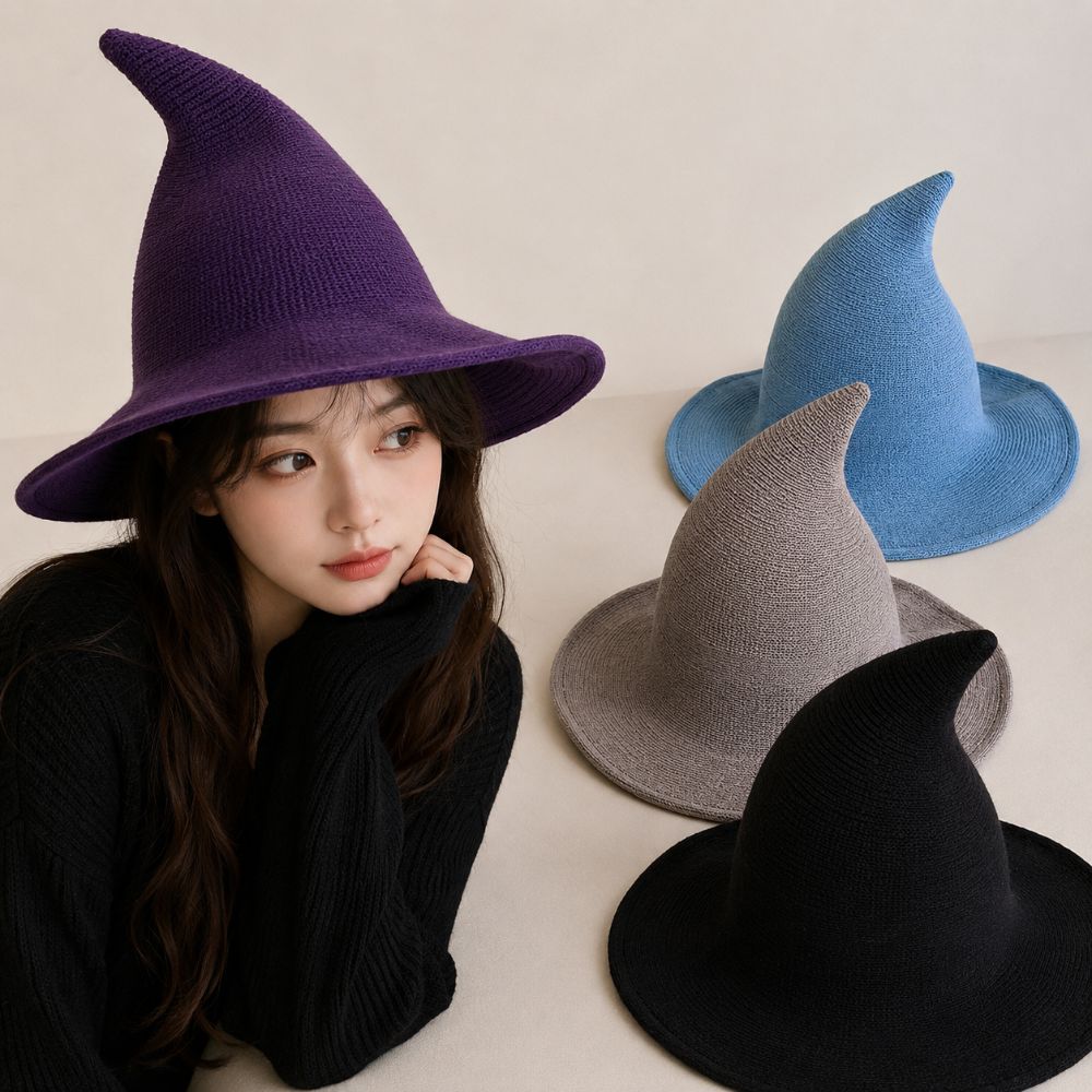 Solid Color Halloween Witch Hat Wool Knit Pointed Hat Wacky Halloween Party Hat Masquerade