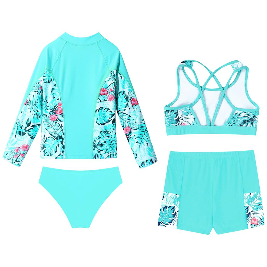 Комплект для плавания для девочек из 4 предметов: Топ на молнии с длинным рукавом, Майка, Плавки, Шорты с оборками, Защита от солнца