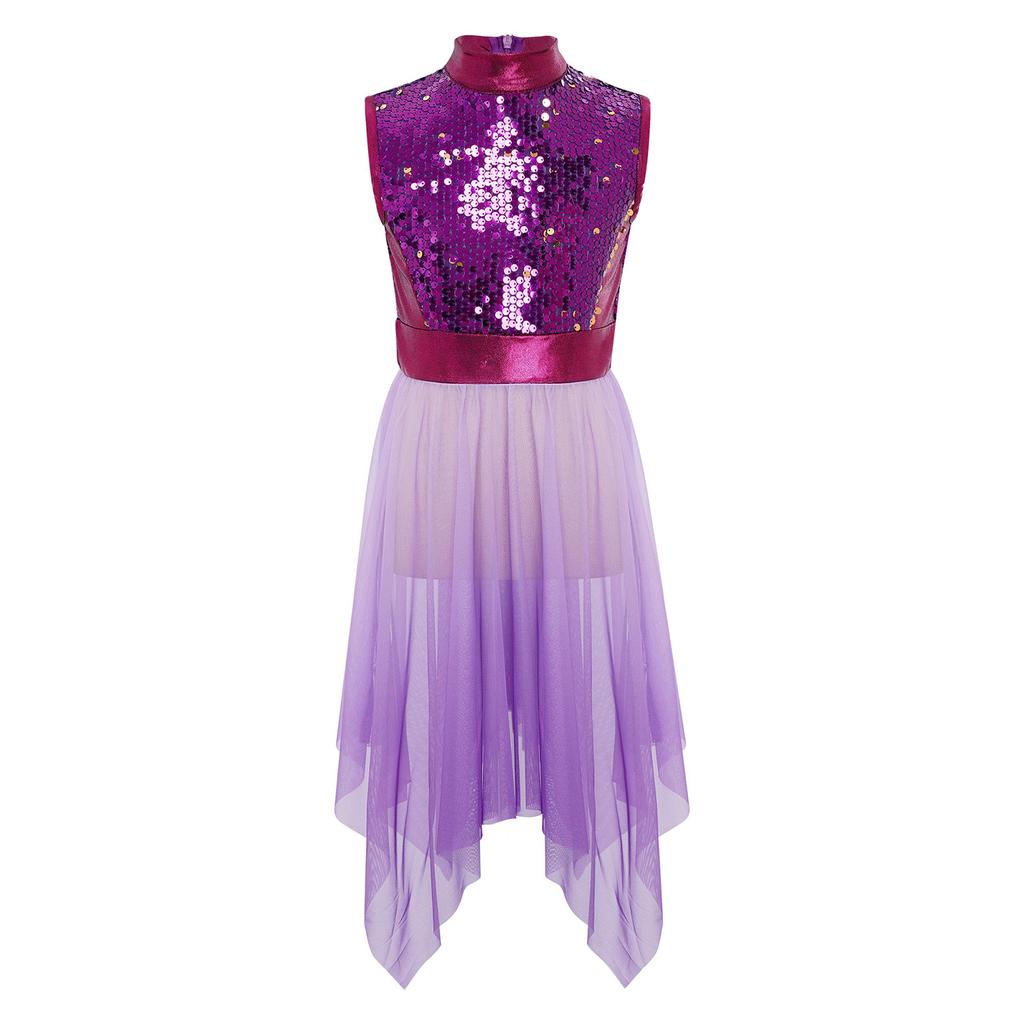 Girls Worship Praise Dance Tunic Dresses Mock Neck Sleeveless Asymmetrical Hem Shiny Sequins Bodice Dress Contemporary Dancewear