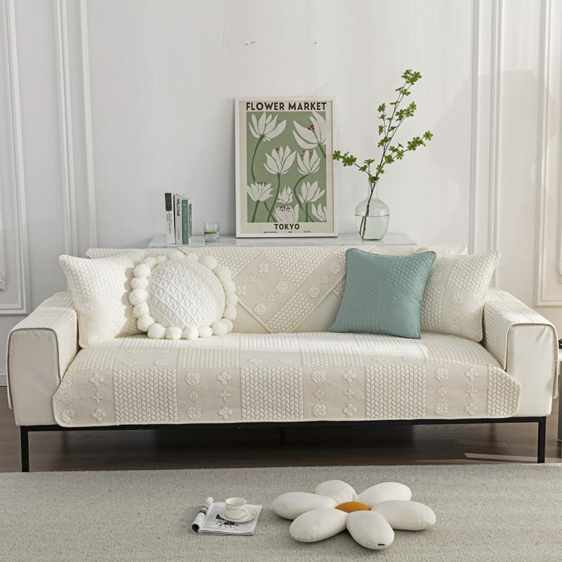 Pure Cotton Universal for All Seasons Sofa Cover Anti-slip Backside Cushion Living Room Solid Color Stitch Fabric Art Couch Mat