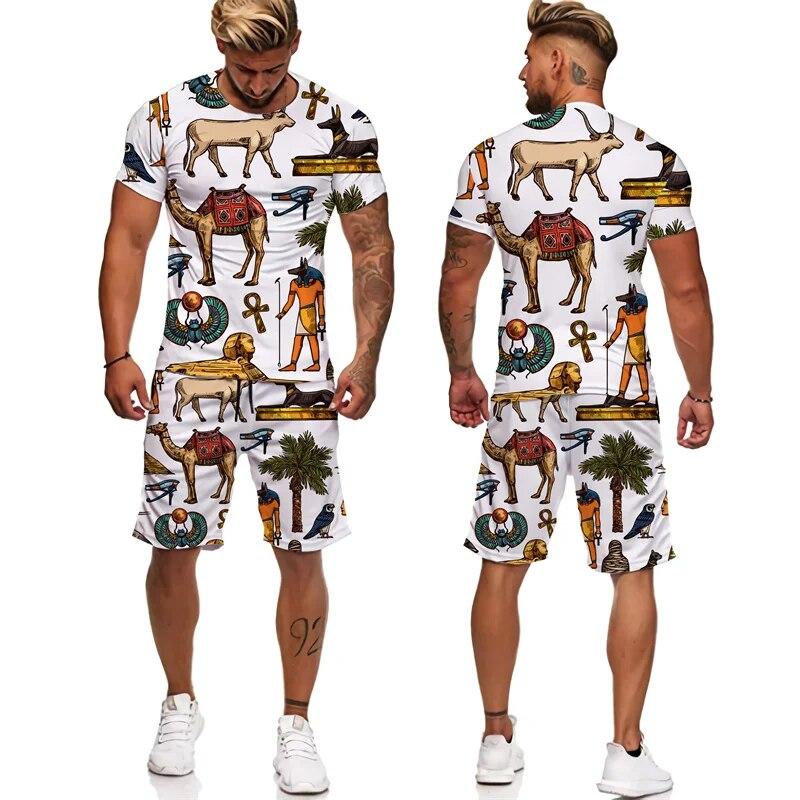 Мужская спортивная одежда из двух предметов, древнеегипетская футболка с 3D принтом, шорты фараона, уличная одежда для пар, летняя новинка