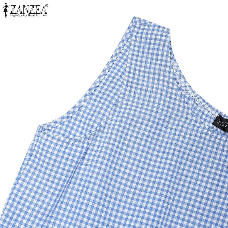 ZANZEA Women Casual Round Neck Summer Sleeveless Plaid Print Dress