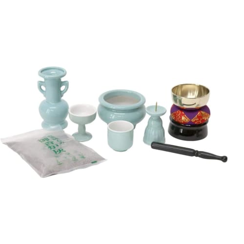 5-piece Buddhist altar set in plain celadon ceramic with bell and incense burner ash included for modern miniature Buddhist altars