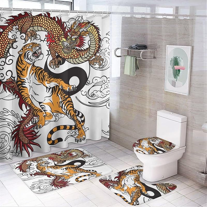Крутой черно-белый набор из 4 предметов: шторка для душа с драконом и тигром, метафизический небесный дракон и тигр инь-янь, нескользящие коврики, крышка для унитаза, коврик для ванной