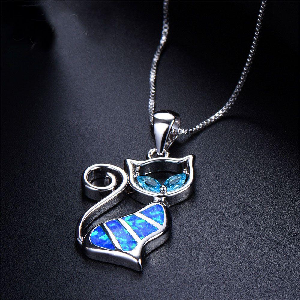 Exquisite Women Fashion Chain Cat Pendant Earrings Jewelry Opal Necklace