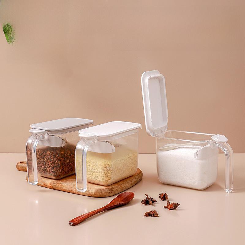 Sealed Moisture-Proof Japanese-Style Transparent Seasoning Jar with Spoon - Plastic Kitchen Salt and Sugar Container