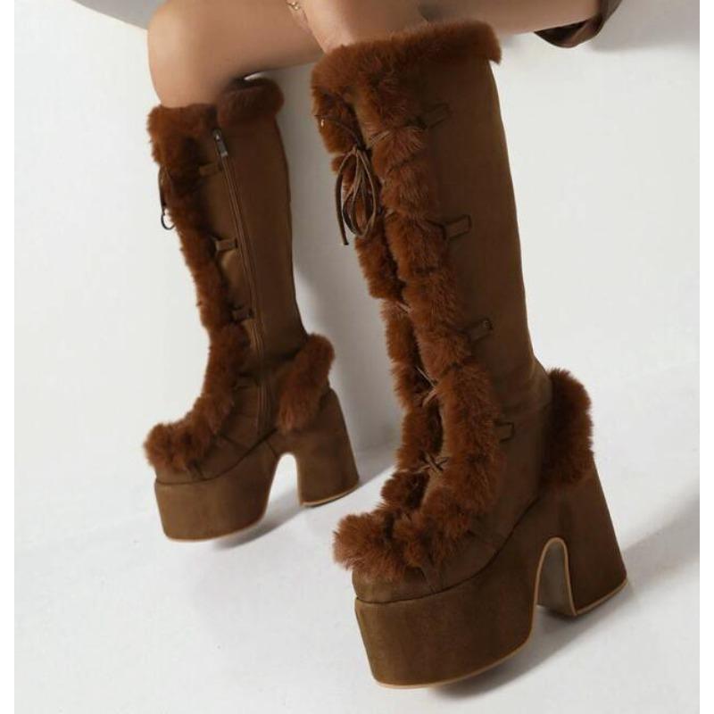 Fashion New Winter Women Snow Boots Platform Wedge High Heel Faux Fur Lady Shoes Female Plush Warm Non-slip Mid Calf Boots Goth Shoes