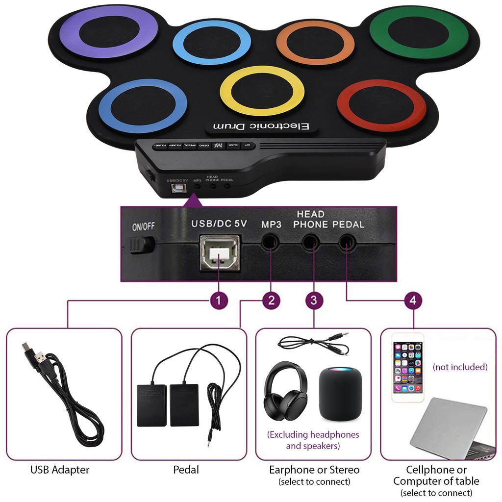 Электрическая барабанная установка, портативный комплект барабанных пэдов, 7 пэдов с разъемом для наушников, педали, барабанные палочки для праздника
