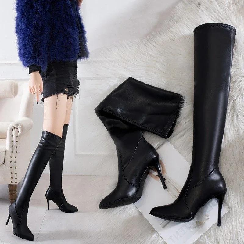 Knee-length Boots Women Spring Autumn Shoes Black Thin High Heels Sexy Pointed Toe Long Bota Feminina 10cm Heels Botas De Mujer