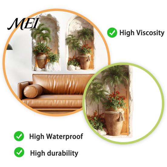 Modern Minimalist Room Accents 2Pcs 3D Tropical Plant Wall Sticker for Home Decor, Arched Niche Window Decal, Non Fading Murals Bathroom Realistic PVC