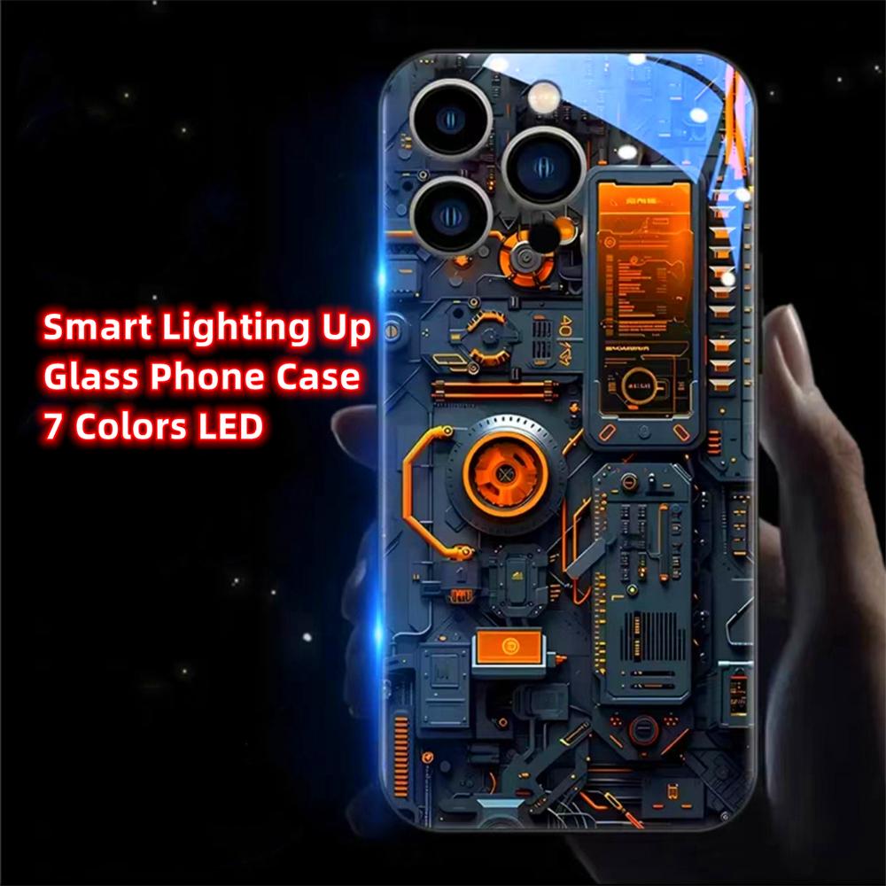 Luxury Blue Chip Pattern Luminous Glass LED Call Light Up Flash Phone Case Cover For iPhone Air 17 16 E 15 14 13 12 Pro Max Plus