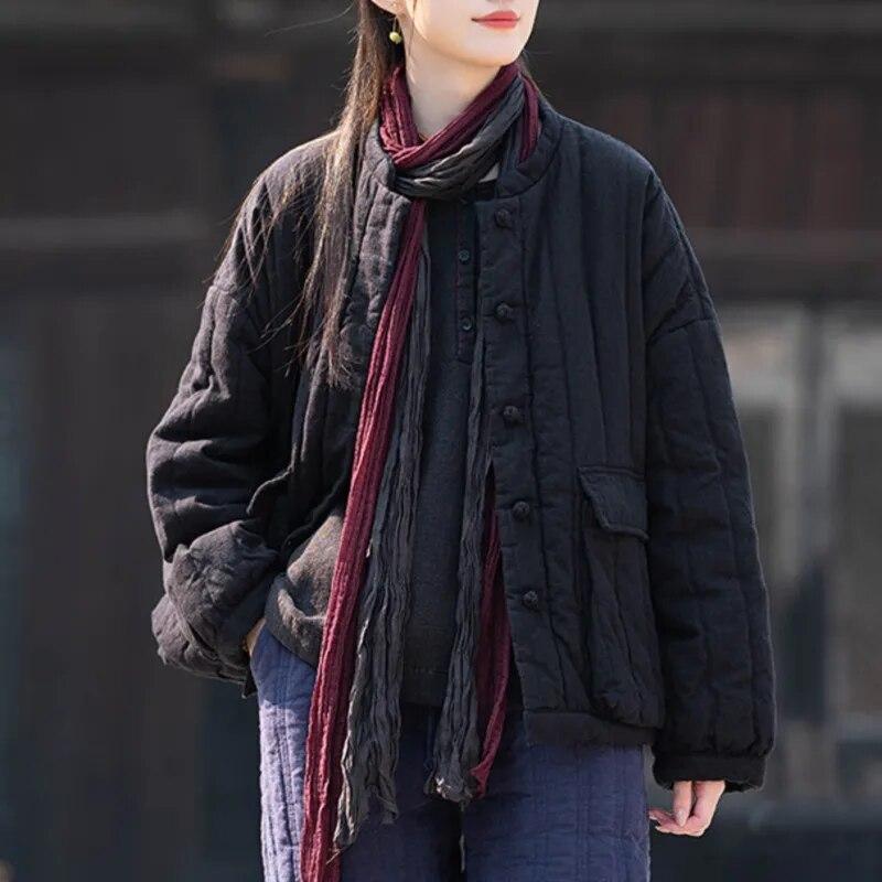 Johnature Women Vintage Linen Parkas Stand Long Sleeve Button Plus Cotton Warm Coat Winter Solid Color Chinese Style Parkas