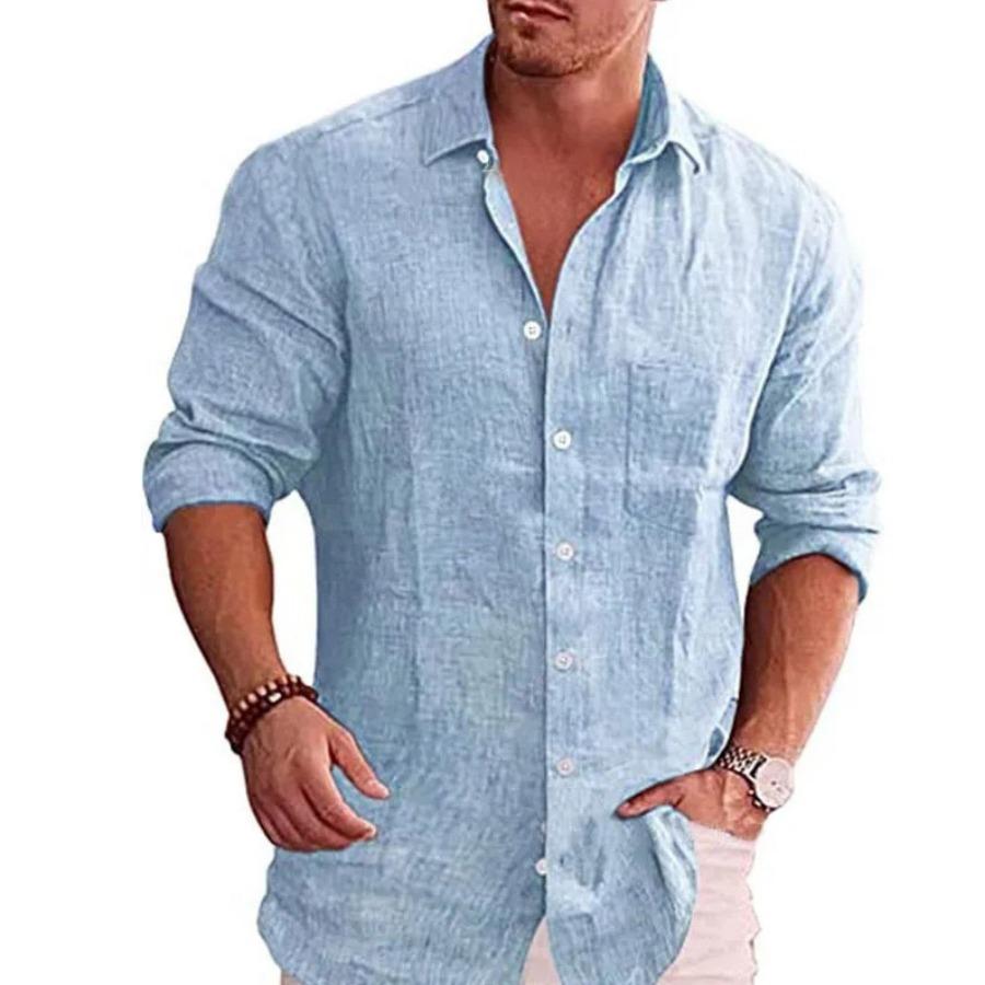 Men's Loose Solid Flax Polo Collar Long Sleeve Shirt Casual Men White Black Loose Shirts for Men Blouse