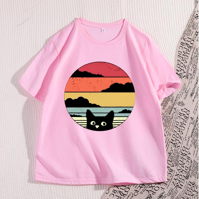 Black Cat Sunset T Shirt Vintage Graphic Unisex T Shirt Cool Streetwear Unisex Tshirts Casual High Quality Cotton Y2k Clothes