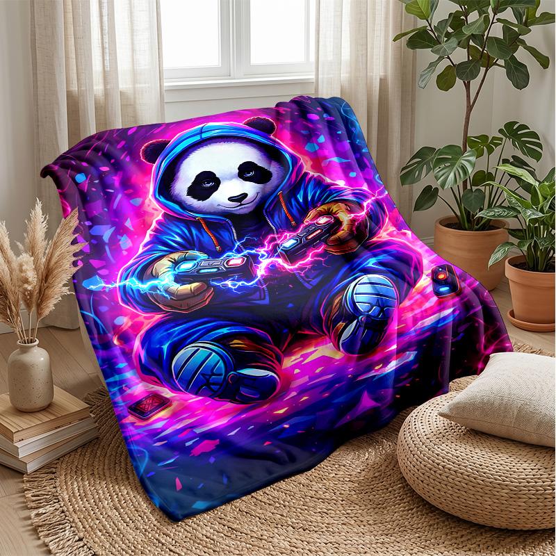 Neon Panda Gamer Theme blanket Lightweight Warm Flannel Blanket Decorative Throw Blanket for Home Decoration