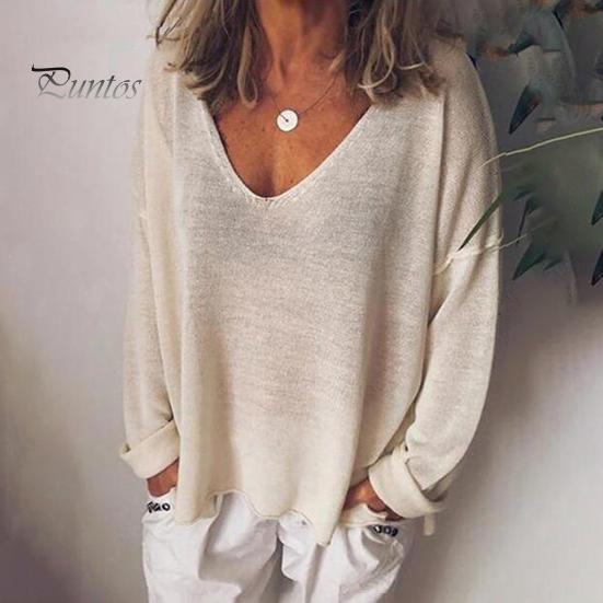 Women T-shirt V-Neck Long Sleeve Loose Fit Tee Shirt Solid Color Breathable Casual Pullover Tops Daily Wear