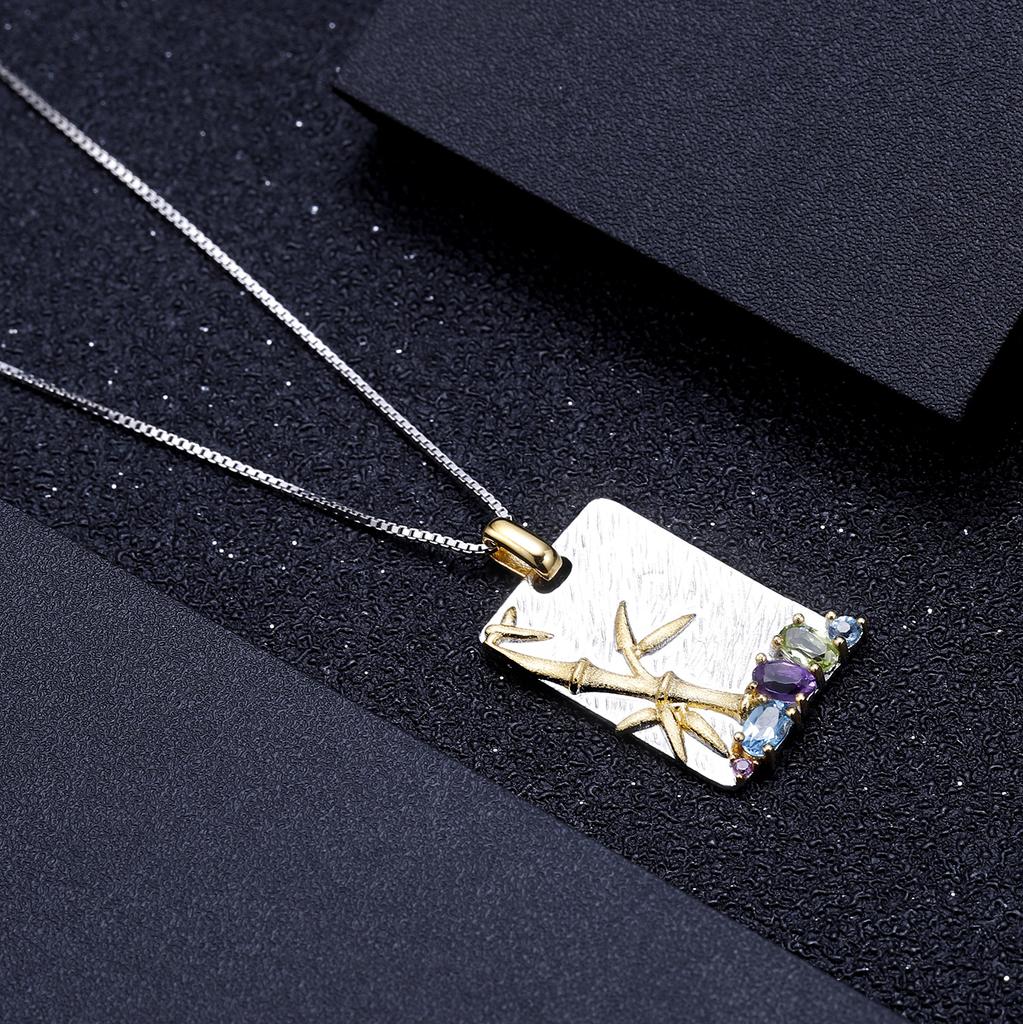 New Chinese Style National Style Gemstone Pendant S925 Sterling Silver Original Design Natural Diopside Topaz Amethyst Necklace