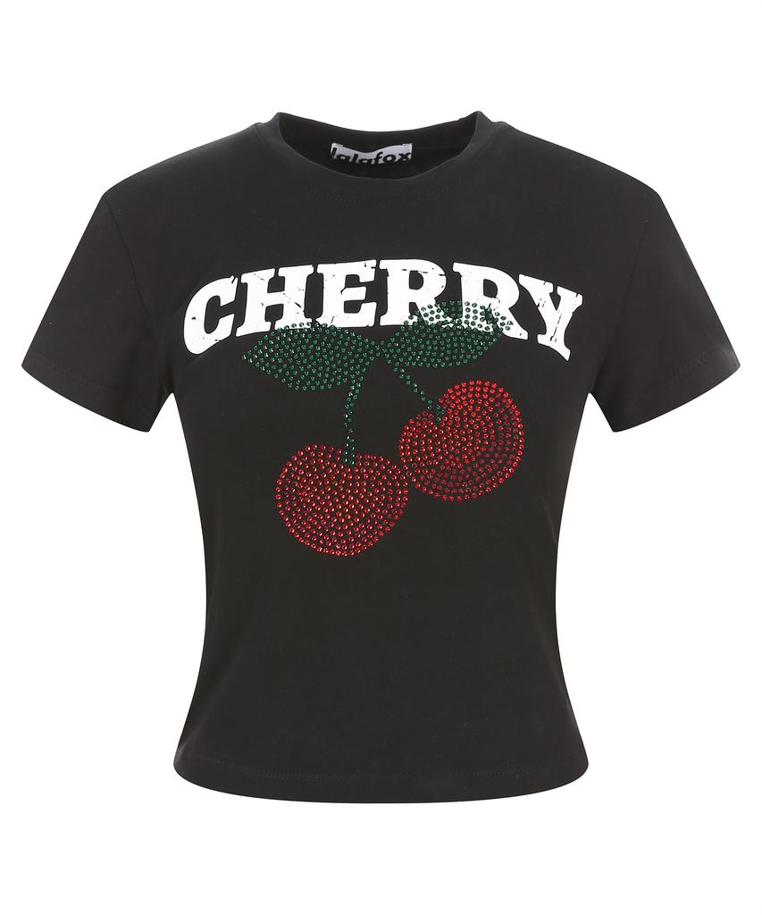 LALAFOX Cherry Hotfix T-Shirt Printed Short Sleeve T-Shirt Black Br2Ch016