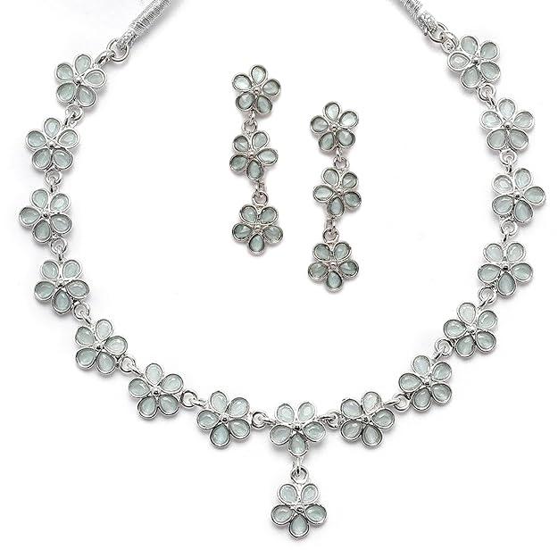 Oxidised Silver-Plated Flower Shaped American Diamond Studded Necklace Earrings Jewellery Set for Girls and Women