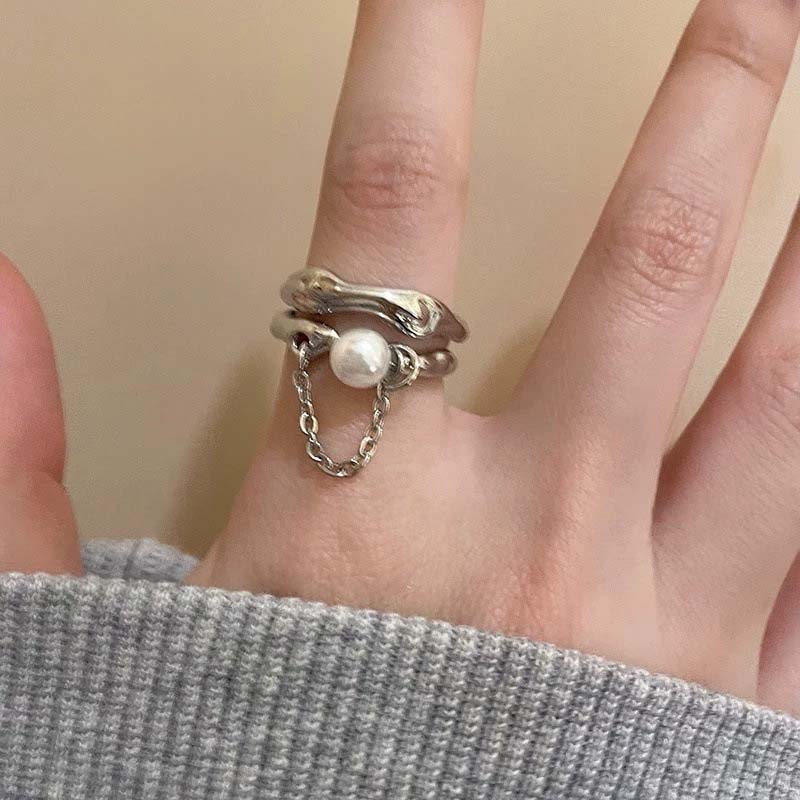 Модное кольцо-манжета с цепочкой из цинкового сплава цвета жемчуга для женщин, пар, простое металлическое двухслойное регулируемое кольцо, подарки невесте с цирконом