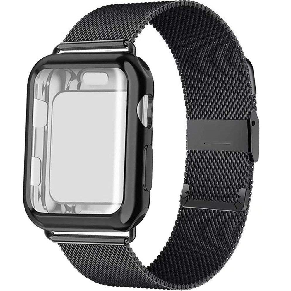 Milanese Loop + Case with Screen Protector for Apple Watch 1/2/3/4/5/6/SE 42/44MM, Black