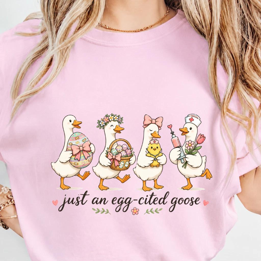Easter Goose Shirt Just An Egg Cited Goose Nurse Duck Women T-Shirt Pastel 70s
