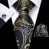Hi-Tie Dark Gold Plaid Jacquard Mens Silk Tie Classic Necktie Cufflink Hanky Set