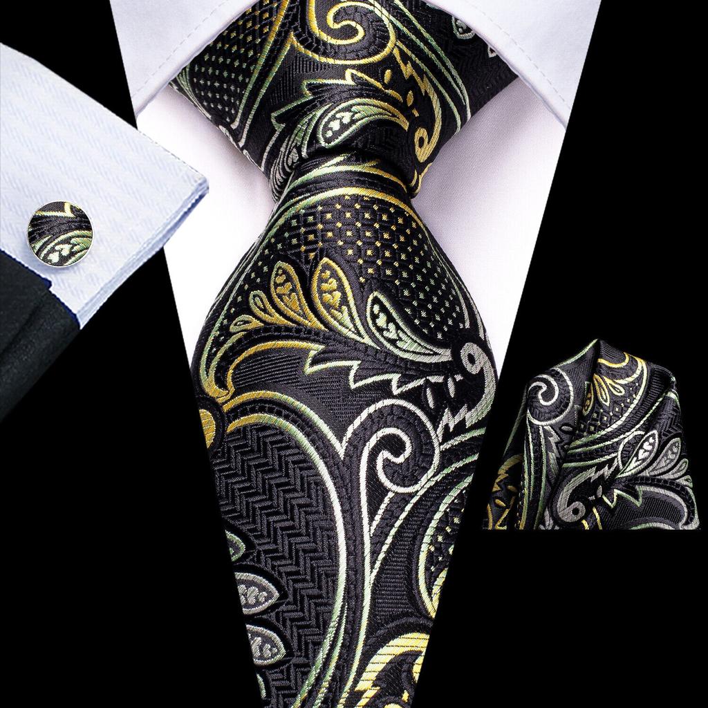 Hi-Tie Dark Gold Plaid Jacquard Mens Silk Tie Classic Necktie Cufflink Hanky Set