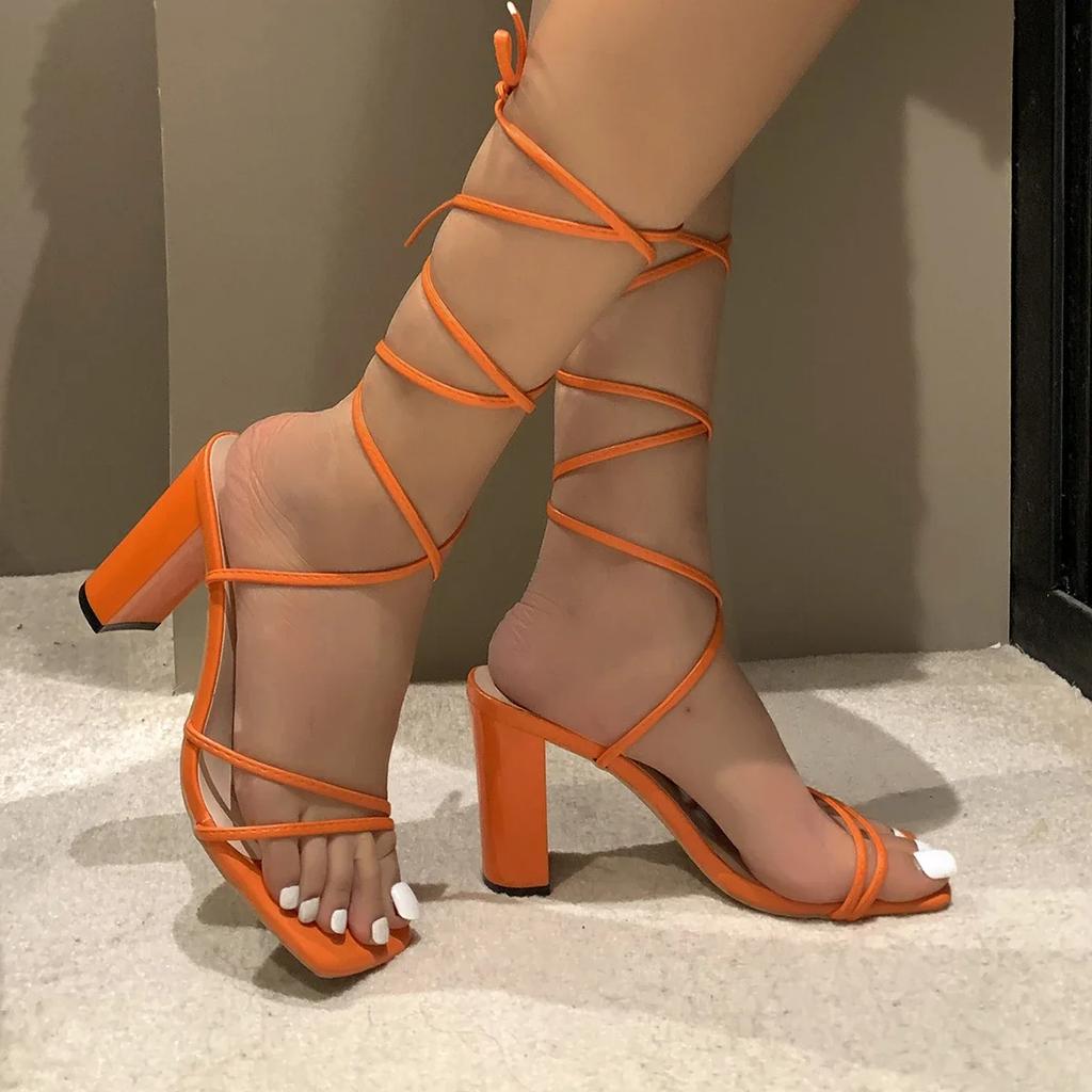 Fashion Woman Black Ankle Strap Sandals Woman Leather Pu Cross-Tied High Heels Shoes Sexy Lace Up Party Pumps Shoes Plus Size 43