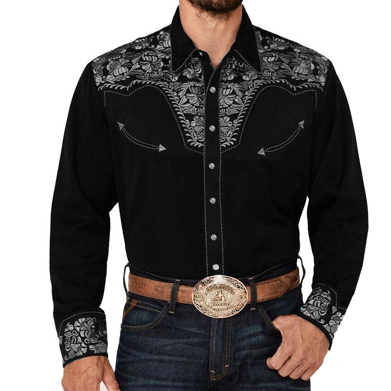 Mens Western Long-Sleeve Shirts Casual Loose Slim Button Down Dress Shirt Tops