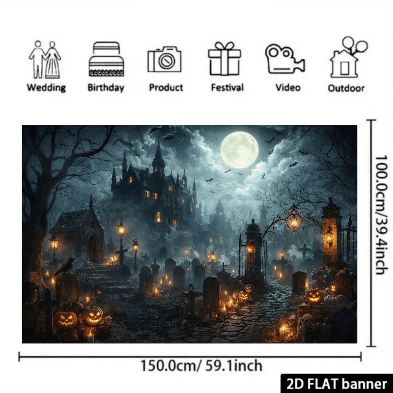 2D plane horror castle scene background fabric Gothic pointed-topped castle full moon.PMJ