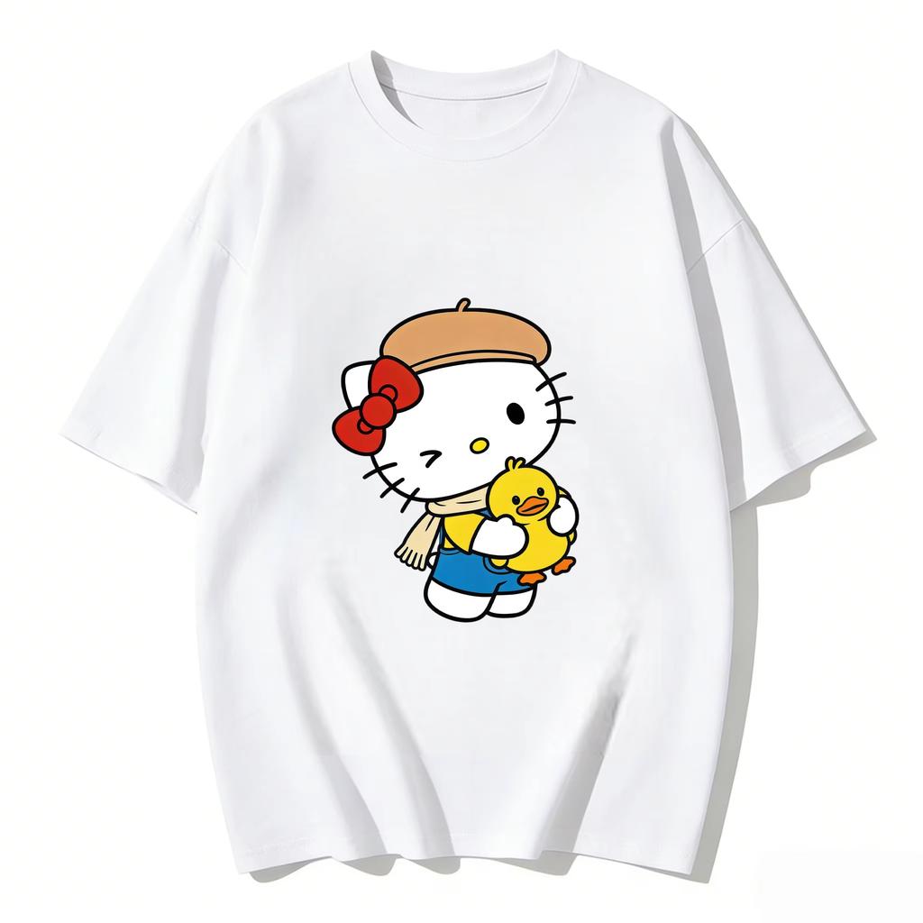 2026 новый летний милый графический топ HelloKitty повседневный хлопковый топ с коротким рукавом для женщин и девочек Каваи мультяшный принт Streetwear