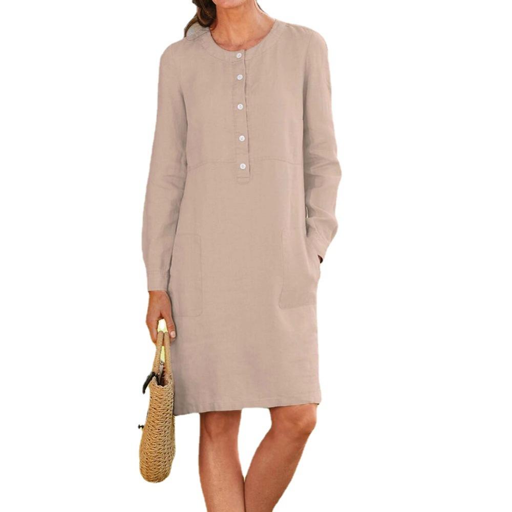 Весенне-осеннее объемное женское хлопково-льняное платье с круглым вырезом и длинными рукавами