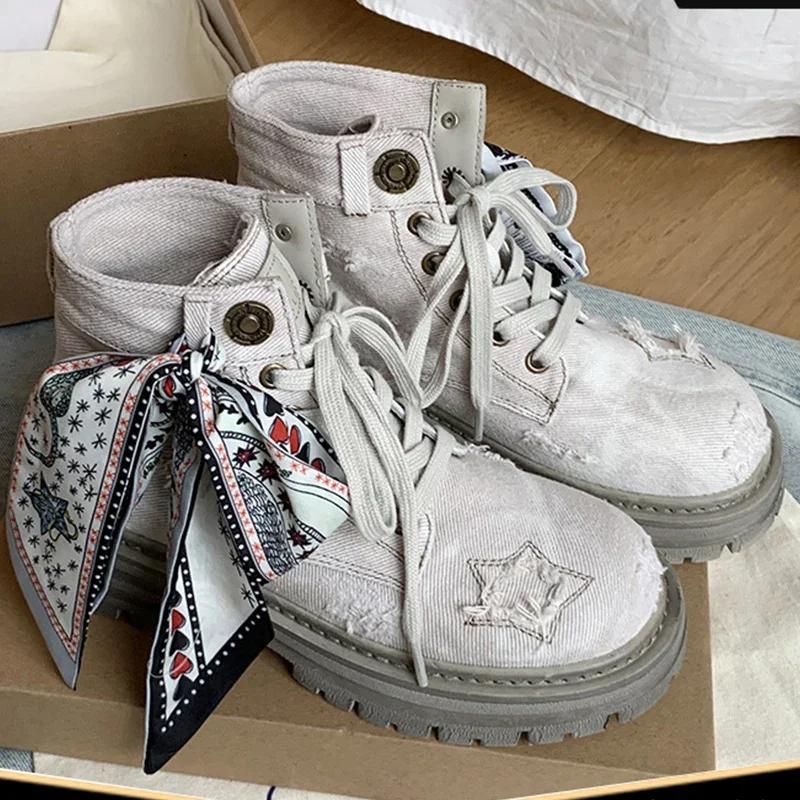 Женские ботинки Cowboy Ribbon Ankle Boots Platform Shunky на шнуровке New Motorcycle Boots Winter Fashion New Trend Walking Zapatos Mujer