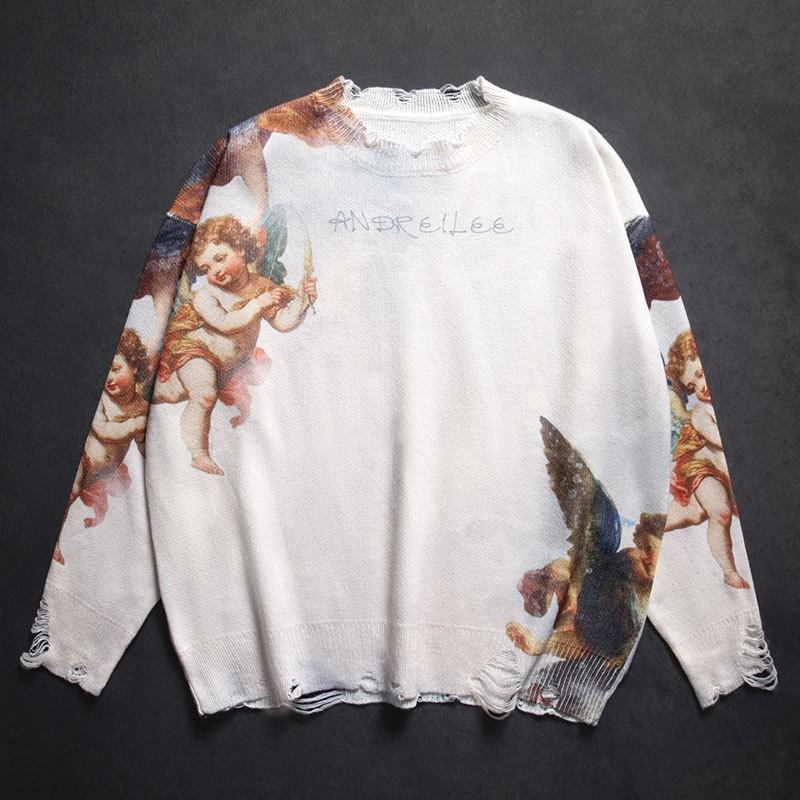 American Vintage Cupid Knit Sweater Mens Loose Fit Long Sleeve Pullover Streetwear