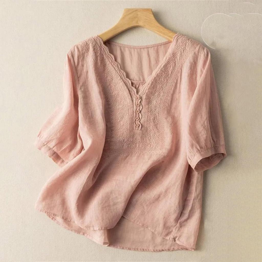 Women's Solid Color Cotton And Linen Short-sleeved Embroidered Retro Breathable T-shirt Round Neck Top