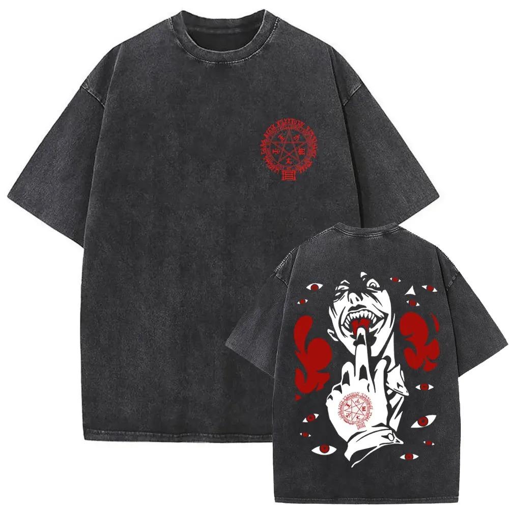 Hot Sale Anime Hellsing Abraham Van Helsing Vampire Alucard Print Tshirt Men Women Vintage Washed Cotton Summer Tee Oversize Top