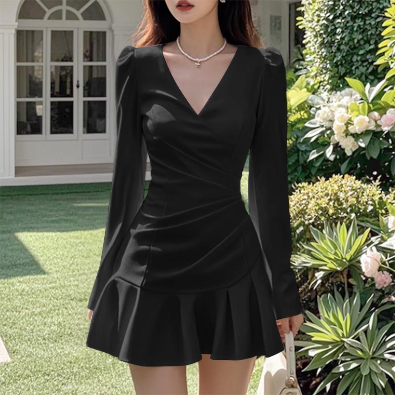 VONDA Женские элегантные платья с V-образным вырезом, плиссировкой и длинными рукавами, оборками по подолу