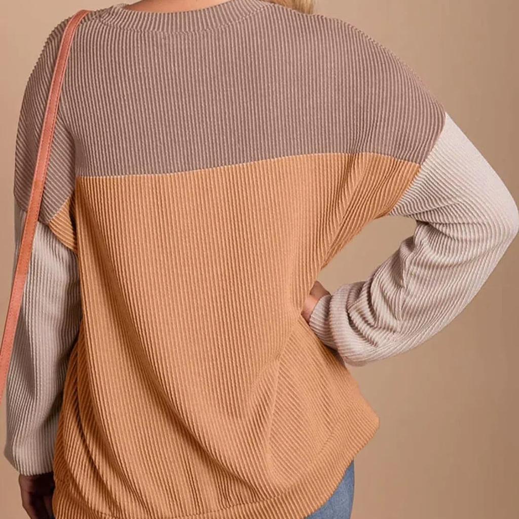 Женская модная вязаная повседневная свободная кофта-свитшот с длинным рукавом и круглым вырезом, топ, футболка, свитшот, рубашка, цветовой блок