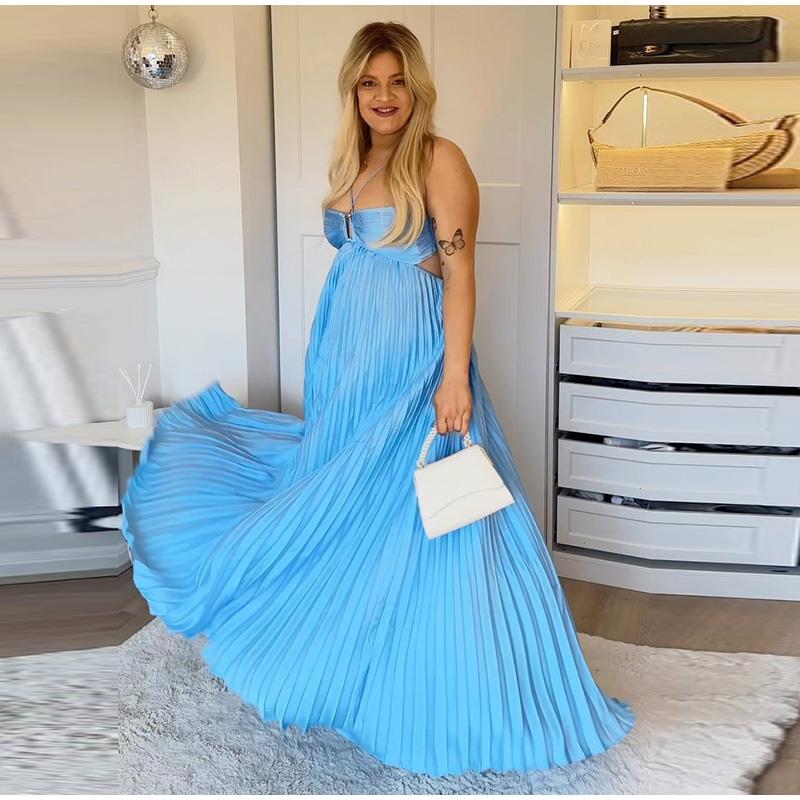 Летнее плиссированное длинное платье с бретелью через шею для женщин, без рукавов, синие пляжные платья для отдыха, женское 2025 модное женское платье А-силуэта