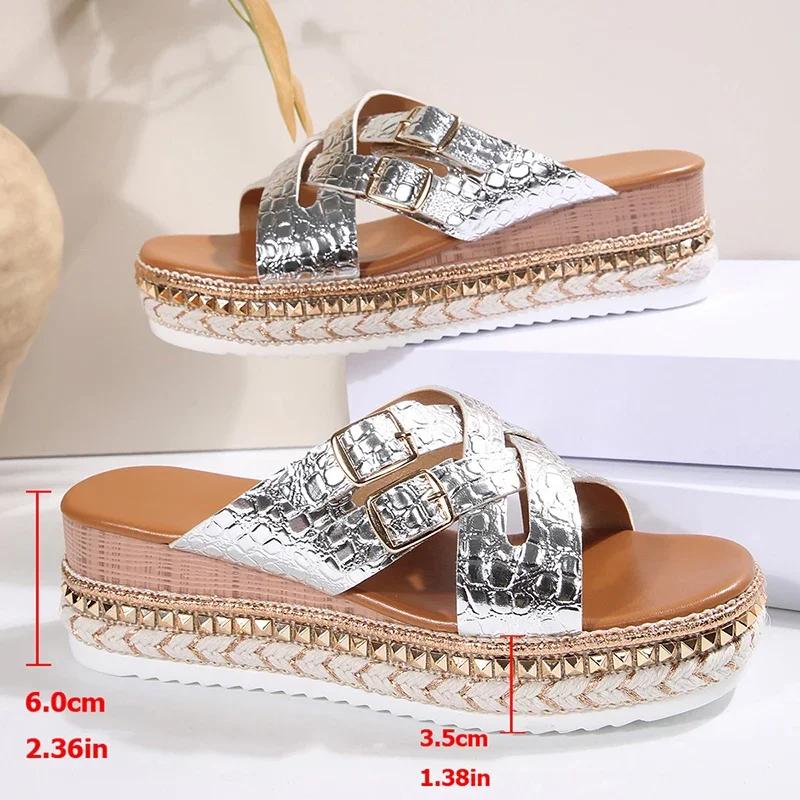 Fashion Women Shoes Fashion Cross Band Wedges Sandals Luxury Women Summer 2025 Platform Thick Bottom Slippers Plus Size Pu Leather Slide