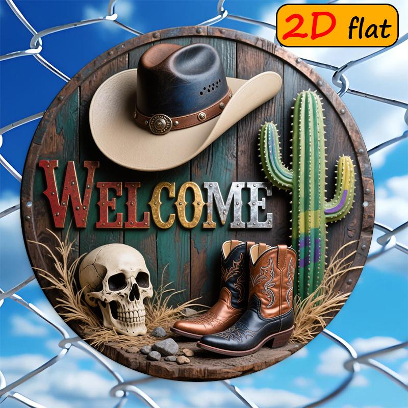 Western Cowboy Round Metal Sign D Flat Vintage Skull Cactus Outdoor Decor Home Wall Art Cowboy Themed Gift