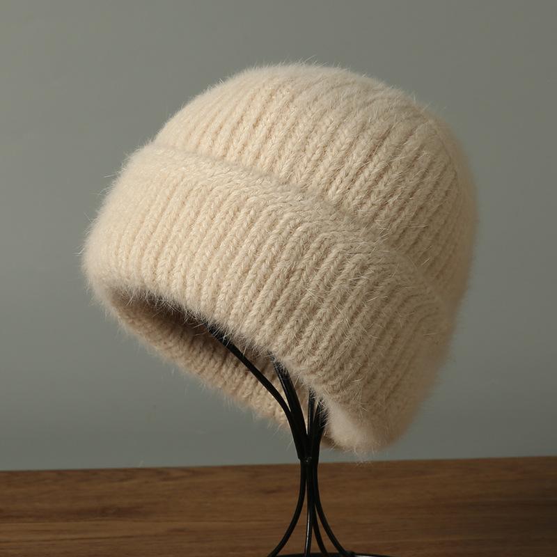 Autumn and winter new angora rabbit fur hat warm knitted hat simple big head circumference girls hat