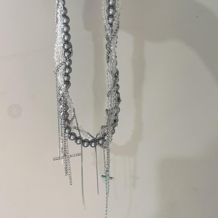 Gothic Layered Cross Necklace - Punk Fringe Choker with Beaded Detailing