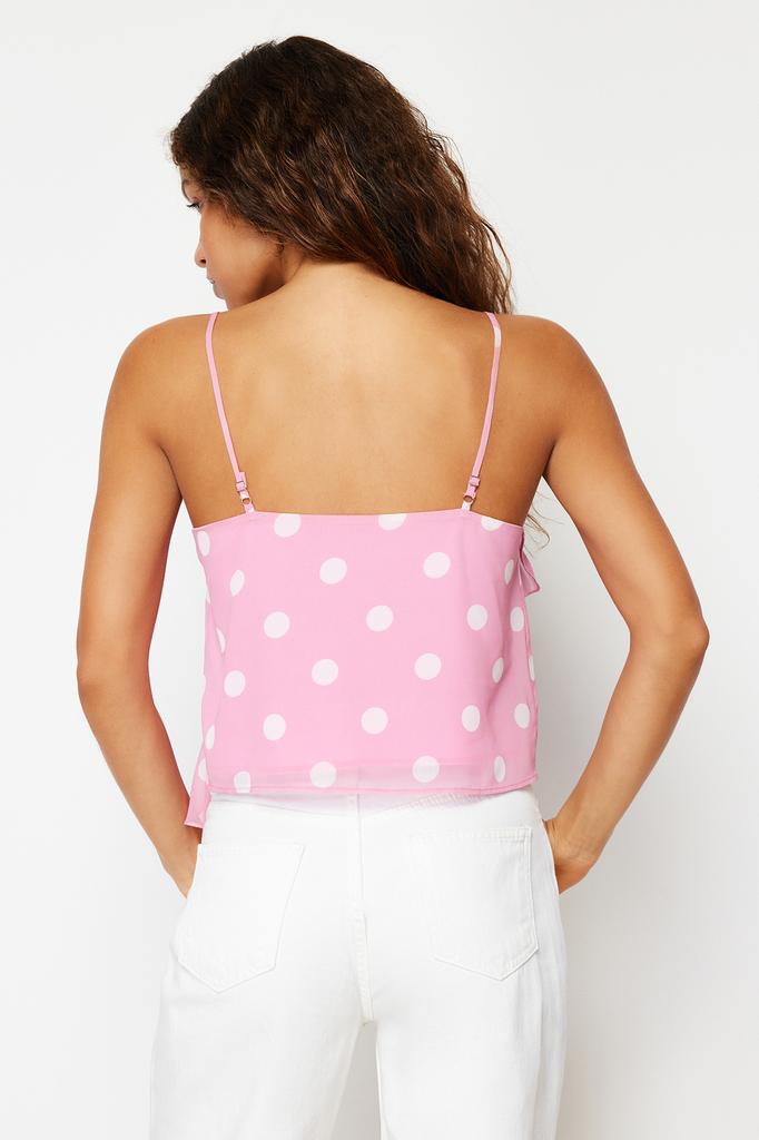 Women's Fashion New Blouse Pink Chiffon Lined Ruffle Strap Polka Dot Woven Blouse